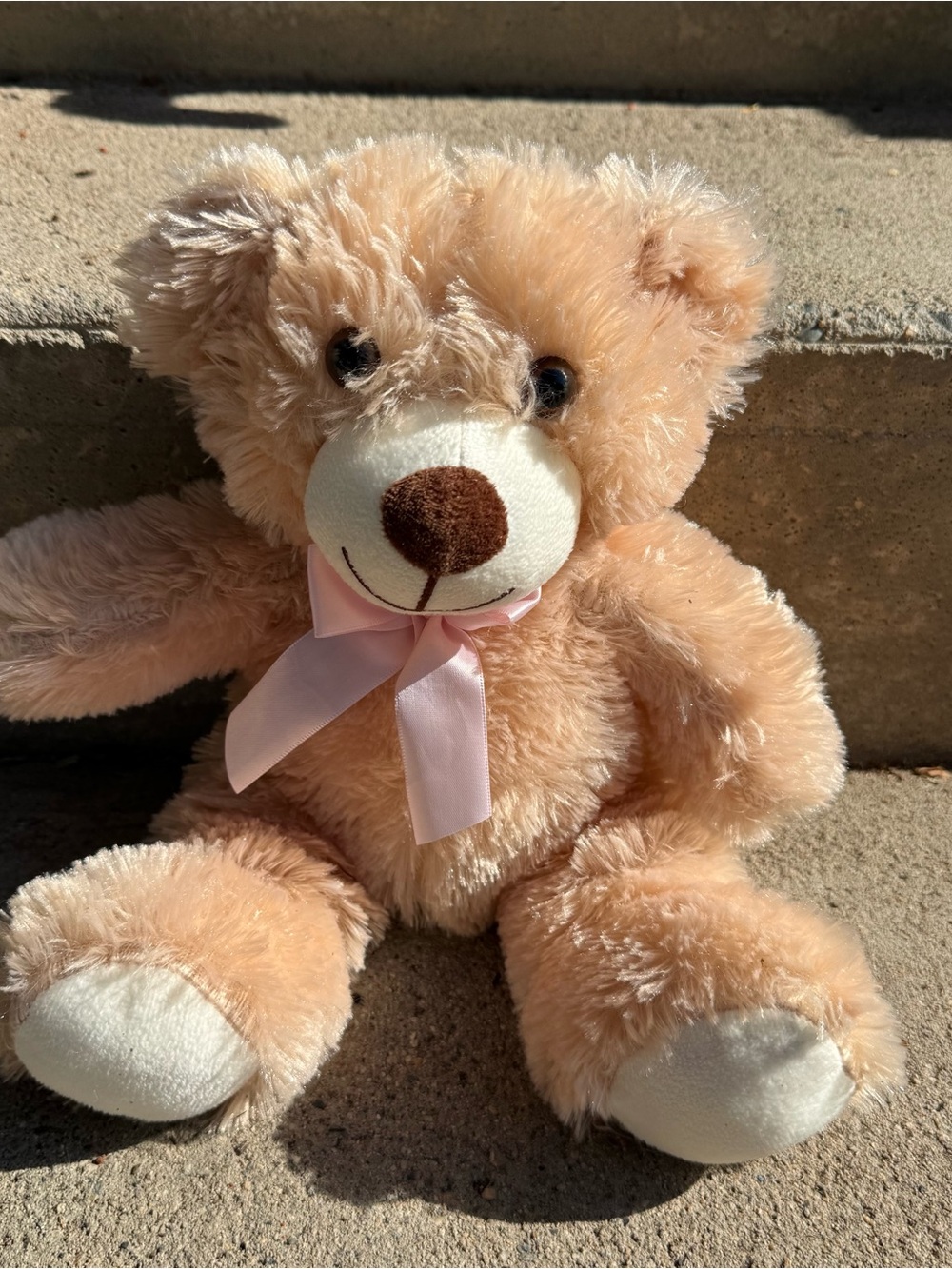 Soft Beige Shaggy Plush Teddy Bear with Pink Bow
